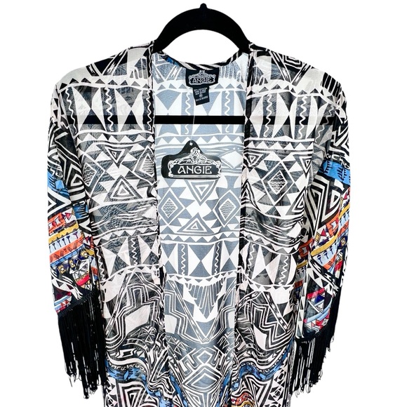 Angie NWT Aztec Print Fringe Kimono Medium Sheer Colorful Southwest Boho Flowy - Picture 10 of 16